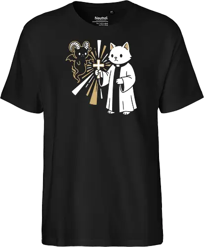Holy Purr-tection: The Exorcist Cat - funny demon graphic tee, minimalist negative space art, holy feline apparel, cute occult streetwear, witchy cat clothing, subtle dark humor tee, religious parody shirt, kawaii gargoyle design, aesthetic cat merch, exorcist cat shirt - Fairtrade T-Shirt