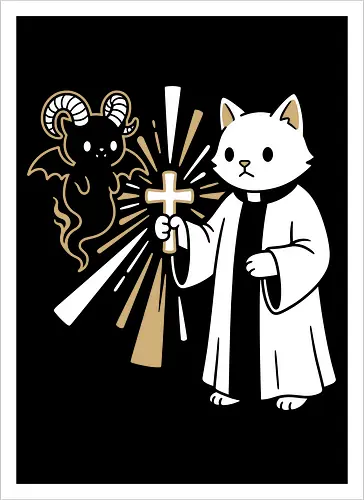 Holy Purr-tection: The Exorcist Cat - funny demon graphic tee, minimalist negative space art, holy feline apparel, cute occult streetwear, witchy cat clothing, subtle dark humor tee, religious parody shirt, kawaii gargoyle design, aesthetic cat merch, exorcist cat shirt - Kunstdruck