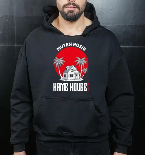 Island Training: The Turtle Hermit's House - Kame House shirt, Dragon Ball graphic tee, Master Roshi island apparel, minimalist anime streetwear, retro 90s shonen clothing, negative space anime art, Japanese text graphic, aesthetic otaku fashion, Turtle School merch, nostalgic anime landscape tee - Cropped Hoodie