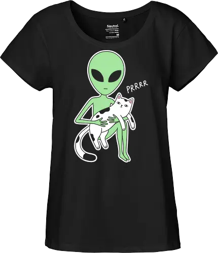 The Alien Cat Lover - alien cat shirt, minimalist sci-fi graphic tee, pastel alien apparel, negative space cat design, aesthetic extraterrestrial clothing, quirky animal streetwear, cosmic kitty merch, indie pop art fashion, UFO believer shirt, cute alien graphic - Fairtrade Girl Shirt