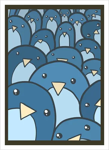 Eine Schar verspielter Pinguine - Vögel, niedlich, blau, Schwarm, Menge, Cartoon, Kritzelei, Illustration, Gesichter, skurril, witzig, Kinder, Kinderzimmer, Tapete - Kunstdruck
