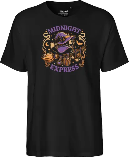 Midnight Express - Witchy Cat - black cat, witch, broomstick, delivery, witchcraft, spooky cute, halloween, hocus pocus, magic, flying, familiar, retro, vintage - Fairtrade T-Shirt