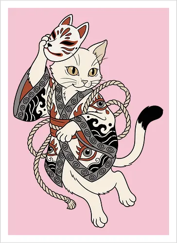 Neko Yokai: The Disguised Spirit - Japanese cat shirt, Yokai spirit graphic tee, Kitsune mask apparel, traditional kimono design, anime cat streetwear, aesthetic otaku fashion, neo traditional tattoo clothing, spooky feline merch, folklore animal tee, Japanese demon mask shirt - Kunstdruck
