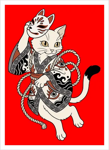 Neko Yokai: The Disguised Spirit - Japanese cat shirt, Yokai spirit graphic tee, Kitsune mask apparel, traditional kimono design, anime cat streetwear, aesthetic otaku fashion, neo traditional tattoo clothing, spooky feline merch, folklore animal tee, Japanese demon mask shirt - Kunstdruck