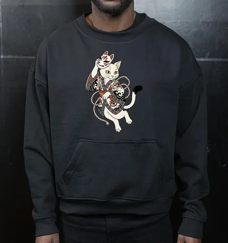 Neko Yokai: The Disguised Spirit - Japanese cat shirt, Yokai spirit graphic tee, Kitsune mask apparel, traditional kimono design, anime cat streetwear, aesthetic otaku fashion, neo traditional tattoo clothing, spooky feline merch, folklore animal tee, Japanese demon mask shirt - Cropped Sweatshirt