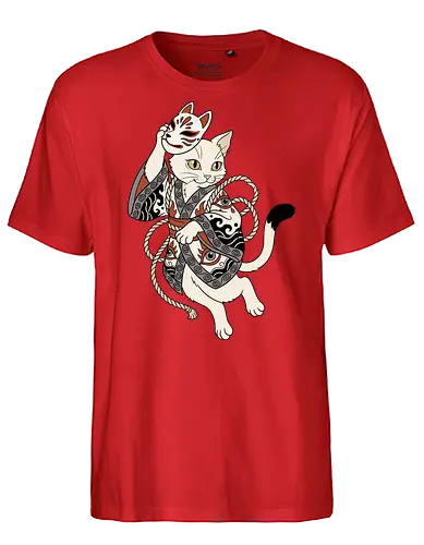 Neko Yokai: The Disguised Spirit - Japanese cat shirt, Yokai spirit graphic tee, Kitsune mask apparel, traditional kimono design, anime cat streetwear, aesthetic otaku fashion, neo traditional tattoo clothing, spooky feline merch, folklore animal tee, Japanese demon mask shirt - Fairtrade T-Shirt