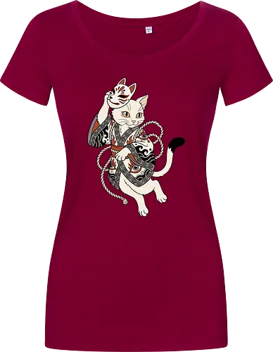 Neko Yokai: The Disguised Spirit - Japanese cat shirt, Yokai spirit graphic tee, Kitsune mask apparel, traditional kimono design, anime cat streetwear, aesthetic otaku fashion, neo traditional tattoo clothing, spooky feline merch, folklore animal tee, Japanese demon mask shirt - Damen T-Shirt