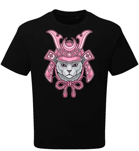 Kawaii Shogun: The Pastel Samurai Cat - feline warrior design, Samurai cat shirt, pastel goth aesthetic tee, Japanese helmet graphic, kawaii animal streetwear, pink samurai apparel, ninja cat clothing, neo traditional Japanese art, cute but fierce fashion, otaku aesthetic merch - Oversize T-Shirt