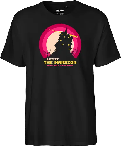 Visit The Mansion - mansion, nerd, nostalgia, old school, retro computer, spooky, video game, vintage computer, retro gaming, 8 bit, 80s, gamer, geek, halloween, haunted - Fairtrade T-Shirt
