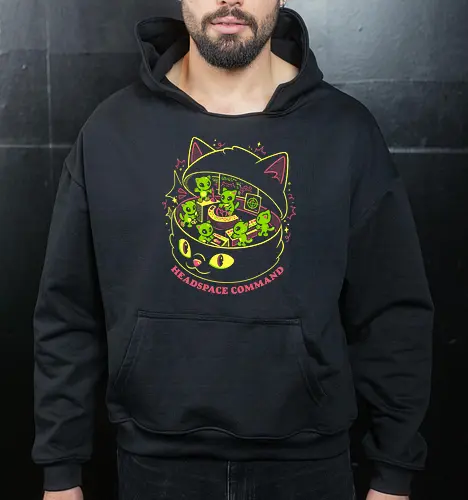 Headspace Command - eduely, ely, alien, cat, space, cat lover, sci fi, cosmic, chaotic mind, introvert, funny - Cropped Hoodie