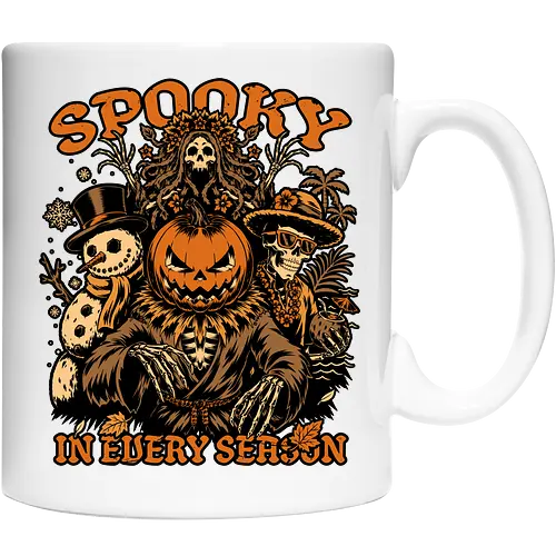 Halloween Spooky Every Season - Halloween, Halloween Design, Fall, Fall Leaves, Fall Vibes, Leaves, Leaf, Tropical Leaves, Winter, Winter Magic, Snowman, Summer, Summertime, Summerween, Summer Humor, Cocktail, Beach, Spring, Spring Season, Spring Vibes, Season, Seasons, Halloween Art, Halloween Aesthetic, Halloween Pumpkin, Halloween Vibes, Spooky, Spooky Season, Creepy, Scary, Scary Art, Pumpkins, Pumpkin, Jack-o-lantern, Jack O Lantern Design, Jack O Lantern, Skeleton, Skull, Dark, Spirit, Horror, Horror Stories, Fright, Magical Creatures, Creature, Scarecrow, Autumn, Autumn Leaves, Autumn Vibes, Autumn Season, Fall Season, Pumpkin Season - Keramiktasse
