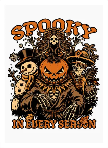 Halloween Spooky Every Season - Halloween, Halloween Design, Fall, Fall Leaves, Fall Vibes, Leaves, Leaf, Tropical Leaves, Winter, Winter Magic, Snowman, Summer, Summertime, Summerween, Summer Humor, Cocktail, Beach, Spring, Spring Season, Spring Vibes, Season, Seasons, Halloween Art, Halloween Aesthetic, Halloween Pumpkin, Halloween Vibes, Spooky, Spooky Season, Creepy, Scary, Scary Art, Pumpkins, Pumpkin, Jack-o-lantern, Jack O Lantern Design, Jack O Lantern, Skeleton, Skull, Dark, Spirit, Horror, Horror Stories, Fright, Magical Creatures, Creature, Scarecrow, Autumn, Autumn Leaves, Autumn Vibes, Autumn Season, Fall Season, Pumpkin Season - Kunstdruck