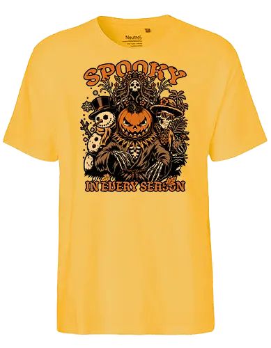 Halloween Spooky Every Season - Halloween, Halloween Design, Fall, Fall Leaves, Fall Vibes, Leaves, Leaf, Tropical Leaves, Winter, Winter Magic, Snowman, Summer, Summertime, Summerween, Summer Humor, Cocktail, Beach, Spring, Spring Season, Spring Vibes, Season, Seasons, Halloween Art, Halloween Aesthetic, Halloween Pumpkin, Halloween Vibes, Spooky, Spooky Season, Creepy, Scary, Scary Art, Pumpkins, Pumpkin, Jack-o-lantern, Jack O Lantern Design, Jack O Lantern, Skeleton, Skull, Dark, Spirit, Horror, Horror Stories, Fright, Magical Creatures, Creature, Scarecrow, Autumn, Autumn Leaves, Autumn Vibes, Autumn Season, Fall Season, Pumpkin Season - Fairtrade T-Shirt