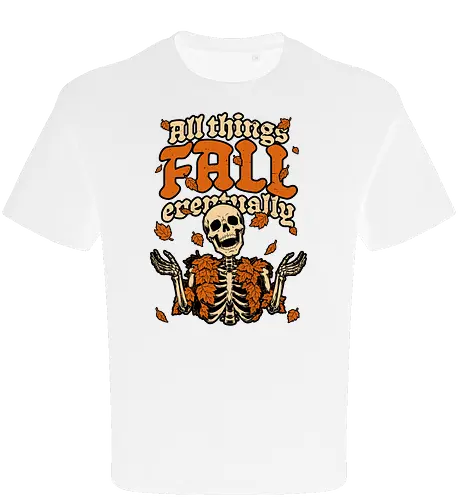Skeleton Autumn Leaves - Halloween, Halloween Design, Halloween Art, Halloween Aesthetic, Halloween Pumpkin, Halloween Vibes, Spooky, Spooky Season, Creepy, Scary, Scary Art, Pumpkins, Pumpkin, Skeleton, Skull, Dark, Horror, Horror Stories, Fright, Creature, Autumn, Autumn Leaves, Autumn Vibes, Autumn Season, Fall, Fall Leaves, Fall Vibes, Leaves, Leaf, Pumpkin Season, Fun, Funny, Dark Humor, Humor, Sarcastic, Sarcasm, Irony, Dread, Existential Dread. Laugh, Laughing, Nihilist Humor, Nihilist, Relatable, Pain - Oversize T-Shirt