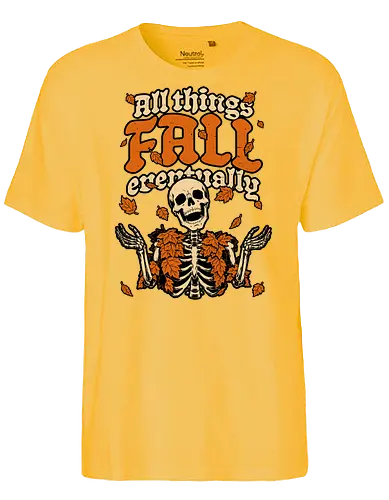 Skeleton Autumn Leaves - Halloween, Halloween Design, Halloween Art, Halloween Aesthetic, Halloween Pumpkin, Halloween Vibes, Spooky, Spooky Season, Creepy, Scary, Scary Art, Pumpkins, Pumpkin, Skeleton, Skull, Dark, Horror, Horror Stories, Fright, Creature, Autumn, Autumn Leaves, Autumn Vibes, Autumn Season, Fall, Fall Leaves, Fall Vibes, Leaves, Leaf, Pumpkin Season, Fun, Funny, Dark Humor, Humor, Sarcastic, Sarcasm, Irony, Dread, Existential Dread. Laugh, Laughing, Nihilist Humor, Nihilist, Relatable, Pain - Fairtrade T-Shirt
