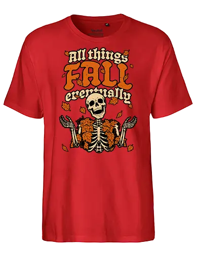 Skeleton Autumn Leaves - Halloween, Halloween Design, Halloween Art, Halloween Aesthetic, Halloween Pumpkin, Halloween Vibes, Spooky, Spooky Season, Creepy, Scary, Scary Art, Pumpkins, Pumpkin, Skeleton, Skull, Dark, Horror, Horror Stories, Fright, Creature, Autumn, Autumn Leaves, Autumn Vibes, Autumn Season, Fall, Fall Leaves, Fall Vibes, Leaves, Leaf, Pumpkin Season, Fun, Funny, Dark Humor, Humor, Sarcastic, Sarcasm, Irony, Dread, Existential Dread. Laugh, Laughing, Nihilist Humor, Nihilist, Relatable, Pain - Fairtrade T-Shirt