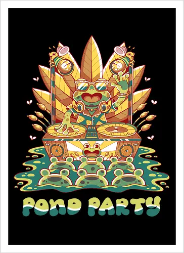 POND PARTY (variant 1) - groovy, frog, party, pond, nature, retro, vintage, swamp, lake - Kunstdruck