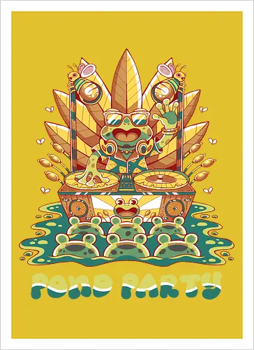 POND PARTY (variant 1) - groovy, frog, party, pond, nature, retro, vintage, swamp, lake - Kunstdruck