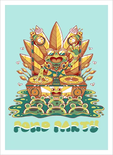 POND PARTY (variant 1) - groovy, frog, party, pond, nature, retro, vintage, swamp, lake - Kunstdruck