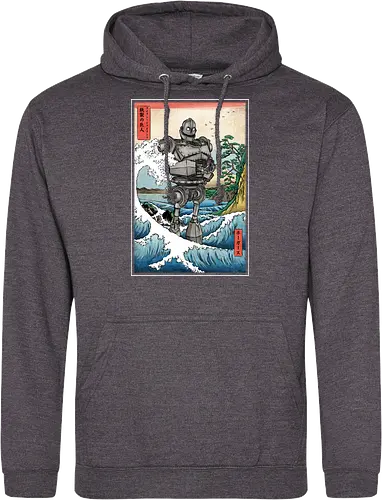 Hogarth and the Iron Giant in Japan - anime, manga, japan, japanese art, retro, vintage, iron giant, film, great wave off kanagawa wave, hokusai - Standard Hoodie
