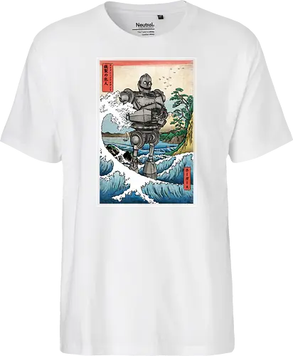 Hogarth and the Iron Giant in Japan - anime, manga, japan, japanese art, retro, vintage, iron giant, film, great wave off kanagawa wave, hokusai - Fairtrade T-Shirt