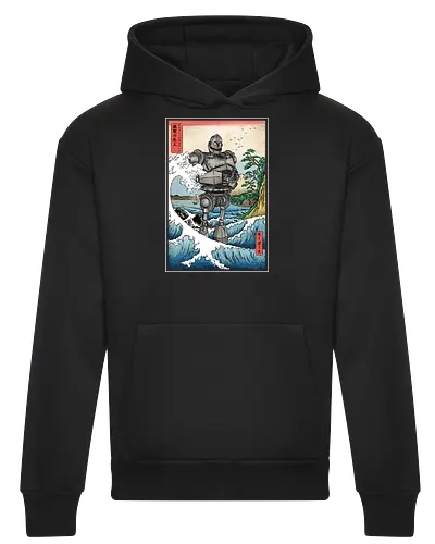 Hogarth and the Iron Giant in Japan - anime, manga, japan, japanese art, retro, vintage, iron giant, film, great wave off kanagawa wave, hokusai - Heavyweight Hoodie