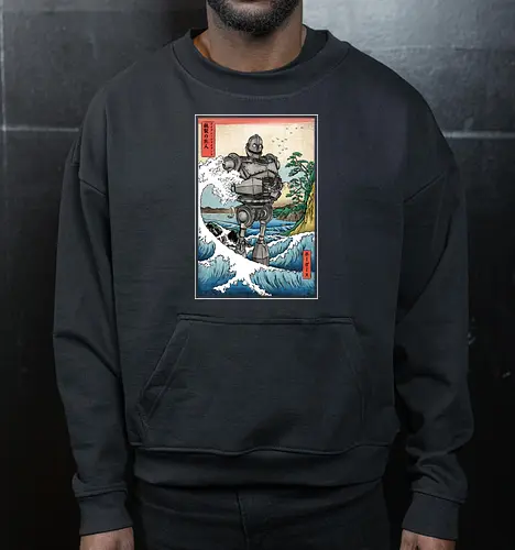 Hogarth and the Iron Giant in Japan - anime, manga, japan, japanese art, retro, vintage, iron giant, film, great wave off kanagawa wave, hokusai - Cropped Sweatshirt