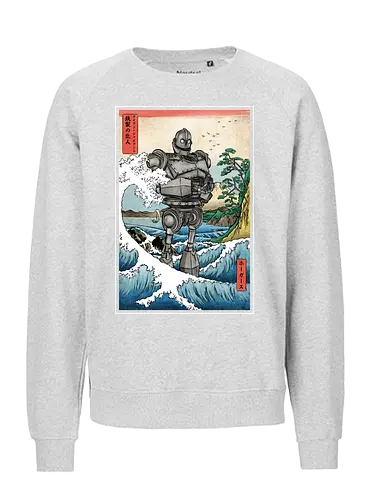 Hogarth and the Iron Giant in Japan - anime, manga, japan, japanese art, retro, vintage, iron giant, film, great wave off kanagawa wave, hokusai - Fairtrade Sweatshirt