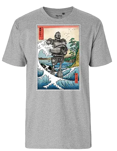 Hogarth and the Iron Giant in Japan - anime, manga, japan, japanese art, retro, vintage, iron giant, film, great wave off kanagawa wave, hokusai - Fairtrade T-Shirt