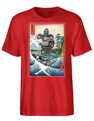 Hogarth and the Iron Giant in Japan - anime, manga, japan, japanese art, retro, vintage, iron giant, film, great wave off kanagawa wave, hokusai - Fairtrade T-Shirt