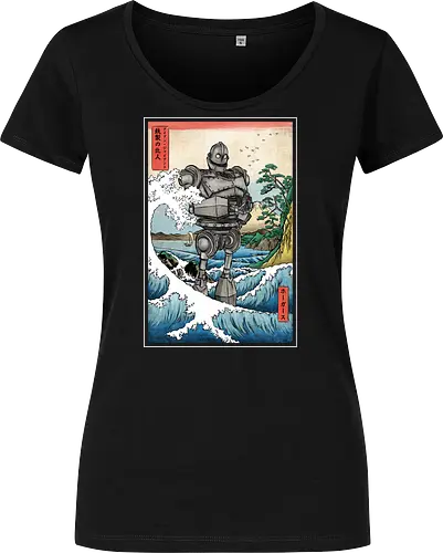 Hogarth and the Iron Giant in Japan - anime, manga, japan, japanese art, retro, vintage, iron giant, film, great wave off kanagawa wave, hokusai - Damen T-Shirt
