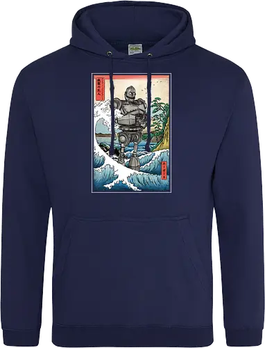 Hogarth and the Iron Giant in Japan - anime, manga, japan, japanese art, retro, vintage, iron giant, film, great wave off kanagawa wave, hokusai - Standard Hoodie