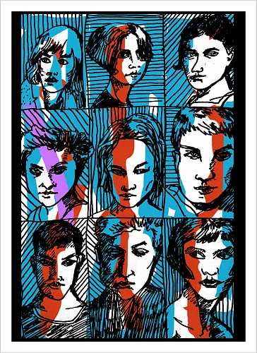 Glitches Faces. Cyberpunk 3D Effect T shirt - sketches, Frauen, expressiv, women, streetwear graphic, artsy shirt, linocut art, Holzschnitt, handmade aesthetic, urban wear, illustration, graphic tee, artistic tee, indie ästhetik, boho vibe - Kunstdruck