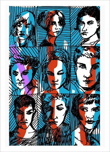 Glitches Faces. Cyberpunk 3D Effect T shirt - sketches, Frauen, expressiv, women, streetwear graphic, artsy shirt, linocut art, Holzschnitt, handmade aesthetic, urban wear, illustration, graphic tee, artistic tee, indie ästhetik, boho vibe - Kunstdruck