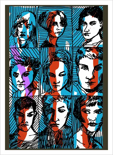 Glitches Faces. Cyberpunk 3D Effect T shirt - sketches, Frauen, expressiv, women, streetwear graphic, artsy shirt, linocut art, Holzschnitt, handmade aesthetic, urban wear, illustration, graphic tee, artistic tee, indie ästhetik, boho vibe - Kunstdruck