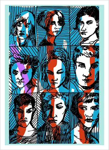 Glitches Faces. Cyberpunk 3D Effect T shirt - sketches, Frauen, expressiv, women, streetwear graphic, artsy shirt, linocut art, Holzschnitt, handmade aesthetic, urban wear, illustration, graphic tee, artistic tee, indie ästhetik, boho vibe - Kunstdruck
