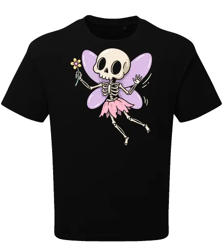 Spooky Sprite: The Skeleton Fairy - funny skeleton streetwear, alternative pop art fashion, soft aesthetic skull tee, magical creature graphic, pastel goth shirt, cute skeleton graphic tee, fairycore aesthetic apparel, spooky cute clothing, creepy kawaii design, halloween fairy merch - Oversize T-Shirt