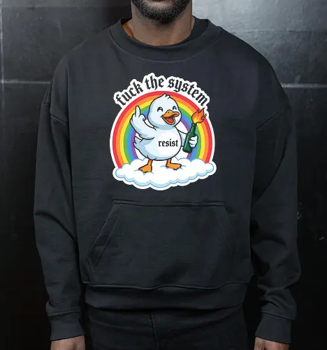 Chaotic Good: The Riot Duck - funny duck shirt, chaotic energy graphic tee, edgy cartoon streetwear, meme duck apparel, molotov cocktail design, sarcastic animal shirt, middle finger graphic, ironic cute clothing, internet humor fashion, cute but psycho tee - Cropped Sweatshirt