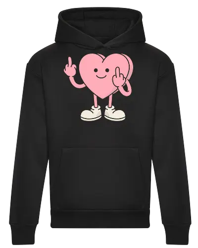 Tough Love: The Sassy Heart - Spread some unapologetic attitude with this hilariously sarcastic graphic design! This unique artwork features a cute, pastel pink cartoon heart character wearing sneakers and a sweet, innocent smile—while simultaneously throwing up a double middle finger salute. Illustrated with a clean, retro flat-vector style and subtle halftone shading, this design perfectly blends kawaii aesthetics with edgy, dark humor. It's the ultimate anti-Valentine's graphic tee, perfect for fans of ironic streetwear, sassy meme apparel, and anyone who wants to tell the world exactly how they feel. - Heavyweight Hoodie