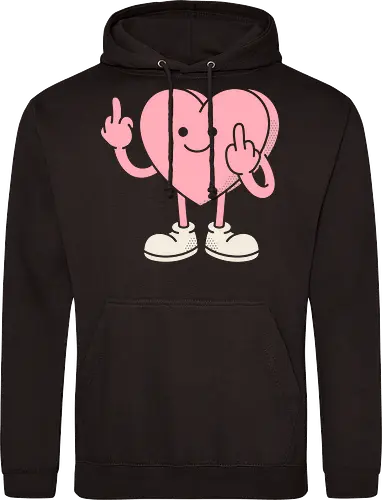 Tough Love: The Sassy Heart - Spread some unapologetic attitude with this hilariously sarcastic graphic design! This unique artwork features a cute, pastel pink cartoon heart character wearing sneakers and a sweet, innocent smile—while simultaneously throwing up a double middle finger salute. Illustrated with a clean, retro flat-vector style and subtle halftone shading, this design perfectly blends kawaii aesthetics with edgy, dark humor. It's the ultimate anti-Valentine's graphic tee, perfect for fans of ironic streetwear, sassy meme apparel, and anyone who wants to tell the world exactly how they feel. - Standard Hoodie