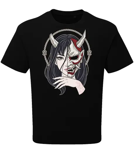 Duality of the Yokai: Hannya Girl - Hannya mask shirt, Japanese demon girl tee, neo traditional tattoo apparel, Yokai folklore streetwear, split face graphic design, dark aesthetic anime clothing, Irezumi tattoo merch, Oni mask fashion, alternative Japanese streetwear, demon princess shirt - Oversize T-Shirt