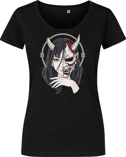 Duality of the Yokai: Hannya Girl - Hannya mask shirt, Japanese demon girl tee, neo traditional tattoo apparel, Yokai folklore streetwear, split face graphic design, dark aesthetic anime clothing, Irezumi tattoo merch, Oni mask fashion, alternative Japanese streetwear, demon princess shirt - Damen T-Shirt