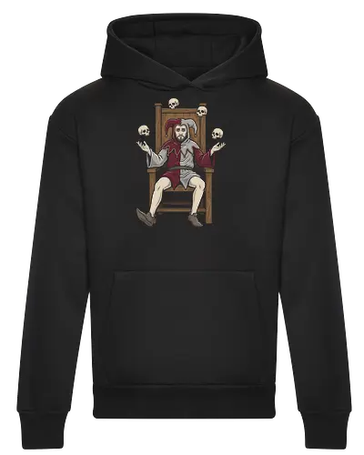 Court of the Macabre: The Juggling Jester - juggling skulls graphic tee, medieval gothic apparel, dark fantasy streetwear, macabre harlequin design, tarot aesthetic clothing, occult graphic fashion, vintage woodcut art shirt, creepy clown merch, alternative indie tee, dark jester shirt - Heavyweight Hoodie