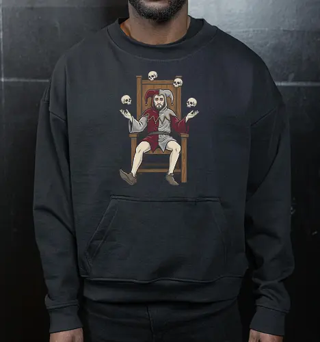 Court of the Macabre: The Juggling Jester - juggling skulls graphic tee, medieval gothic apparel, dark fantasy streetwear, macabre harlequin design, tarot aesthetic clothing, occult graphic fashion, vintage woodcut art shirt, creepy clown merch, alternative indie tee, dark jester shirt - Cropped Sweatshirt