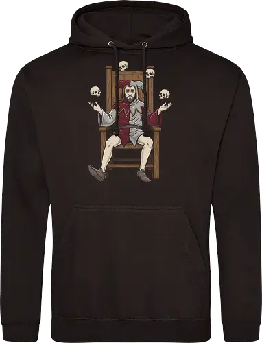 Court of the Macabre: The Juggling Jester - juggling skulls graphic tee, medieval gothic apparel, dark fantasy streetwear, macabre harlequin design, tarot aesthetic clothing, occult graphic fashion, vintage woodcut art shirt, creepy clown merch, alternative indie tee, dark jester shirt - Standard Hoodie