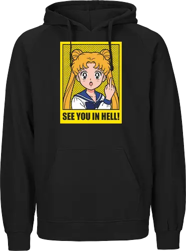Magical Menace: The Unforgiving Princess - Sailor Moon parody shirt, funny anime graphic tee, middle finger apparel, edgy magical girl streetwear, sarcastic 90s anime clothing, pop art manga design, dark humor aesthetic, cute but psycho shirt, ironic otaku fashion, Usagi Tsukino meme merch - Fairtrade Hoodie