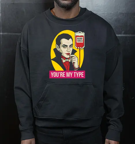 Vampire's Choice: You're My Type - funny vampire shirt, Dracula graphic tee, retro horror movie apparel, spooky valentine design, dark humor streetwear, blood bag graphic, vintage pop art clothing, youre my type pun, gothic aesthetic fashion, classic monster merch - Cropped Sweatshirt