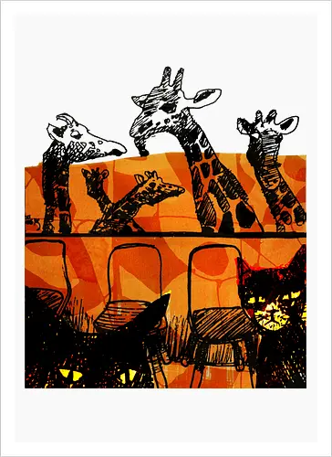 Safari Noir - Giraffen und Katzen - Katzen, Katze, Giraffe, Giraffen, streetwear graphic, artsy Giraffe shirt, linocut art, Holzschnitt, handmade aesthetic, urban wear, illustration, graphic tee, artsy shirt, artistic tee, indie ästhetik, boho vibe - Kunstdruck
