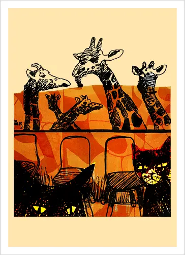 Safari Noir - Giraffen und Katzen - Katzen, Katze, Giraffe, Giraffen, streetwear graphic, artsy Giraffe shirt, linocut art, Holzschnitt, handmade aesthetic, urban wear, illustration, graphic tee, artsy shirt, artistic tee, indie ästhetik, boho vibe - Kunstdruck