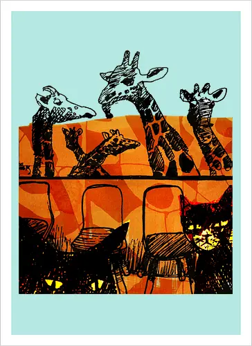 Safari Noir - Giraffen und Katzen - Katzen, Katze, Giraffe, Giraffen, streetwear graphic, artsy Giraffe shirt, linocut art, Holzschnitt, handmade aesthetic, urban wear, illustration, graphic tee, artsy shirt, artistic tee, indie ästhetik, boho vibe - Kunstdruck